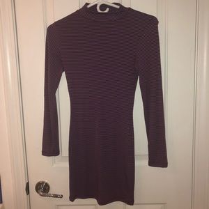 Pink and blue pinstripe mock neck dress